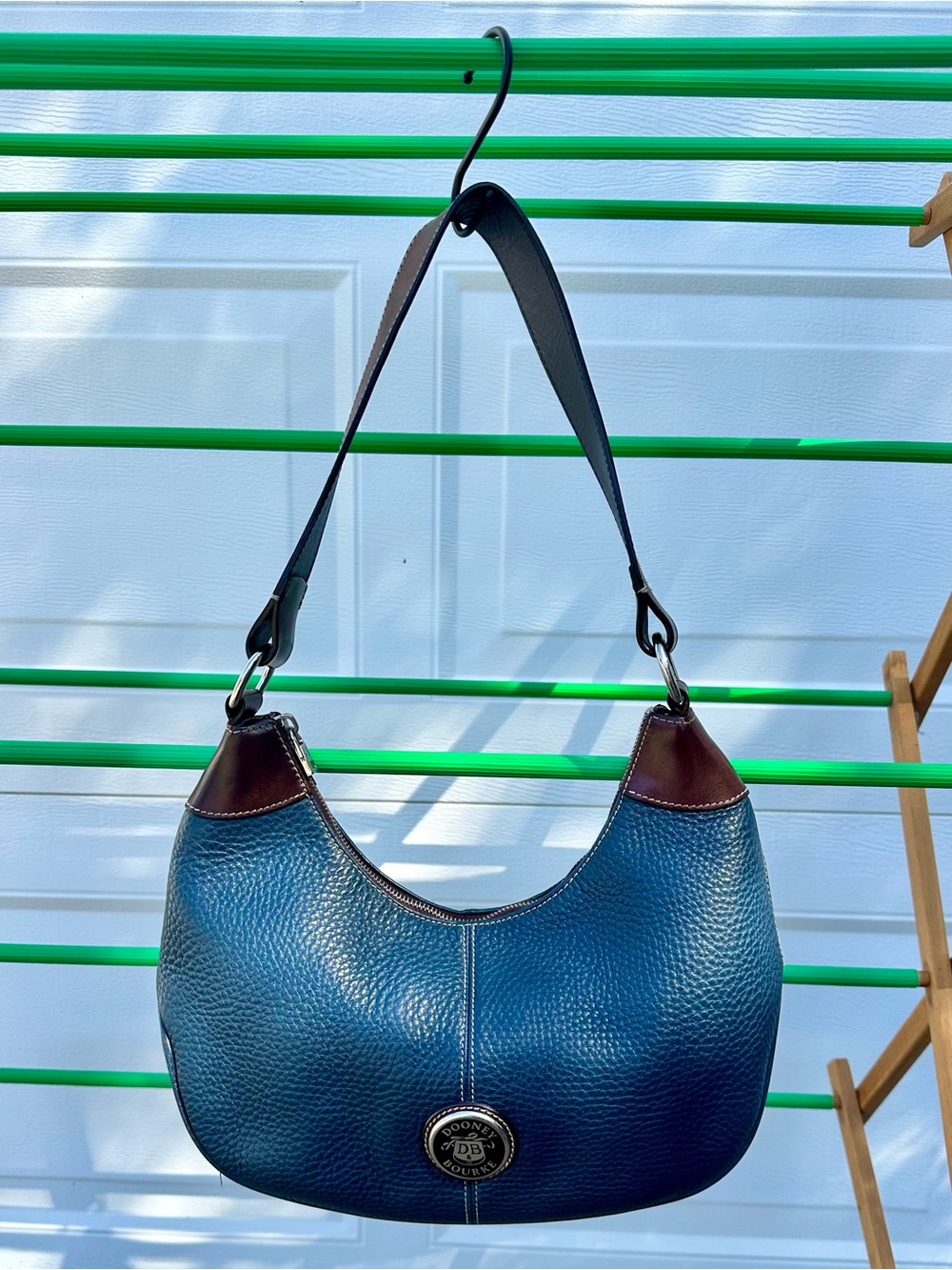 Dooney & Bourke Blue Pebbled Leather Shoulder Hobo with Brown Trim